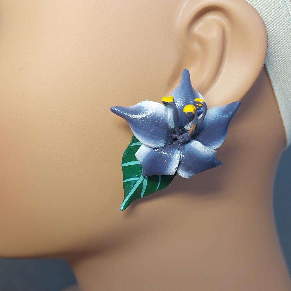 Handmade Leather Floral Stud Earrings  Artisan Flower Purple